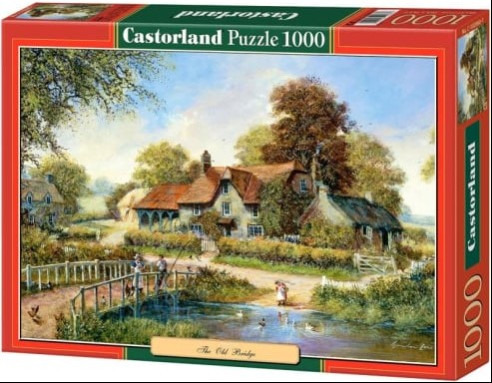 A nostalgic painting of a stone cottage by a stream with a small wooden bridge and people in period clothing.