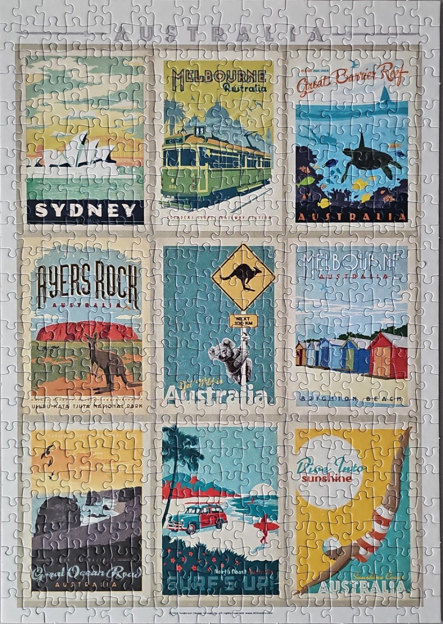 A collage of nine vintage-style travel posters promoting various Australian landmarks and destinations.