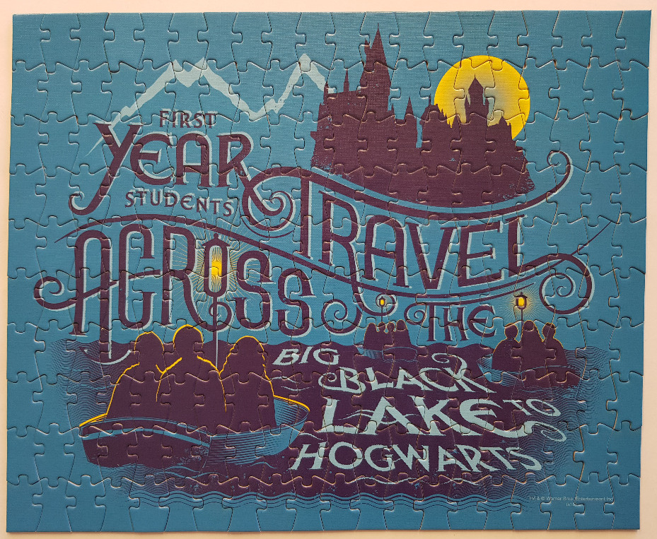 Graphic illustration of Hogwarts students traveling by boat to the castle at night with stylized typography.