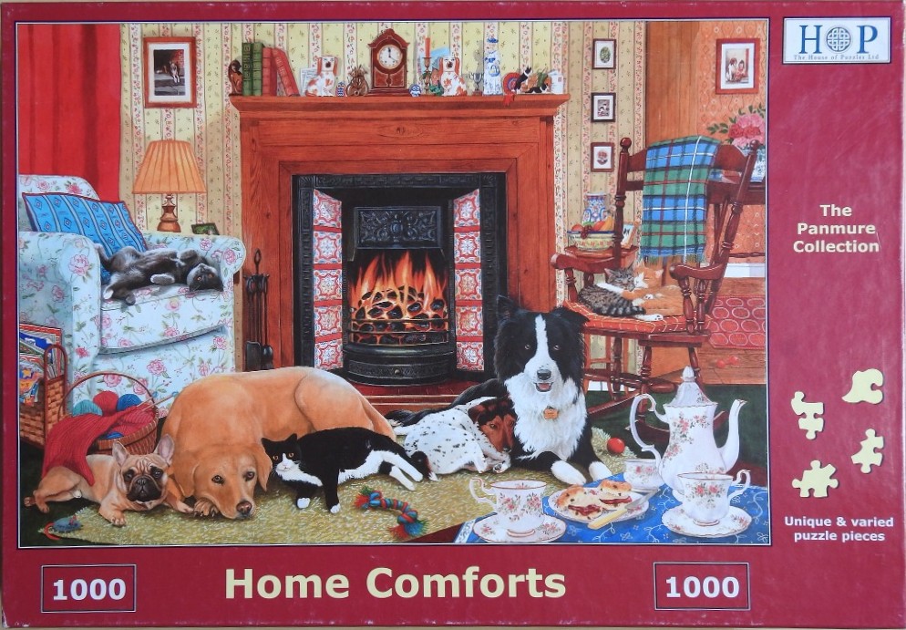 A cozy living room scene with a fireplace, various dogs and cats, and a tea set.