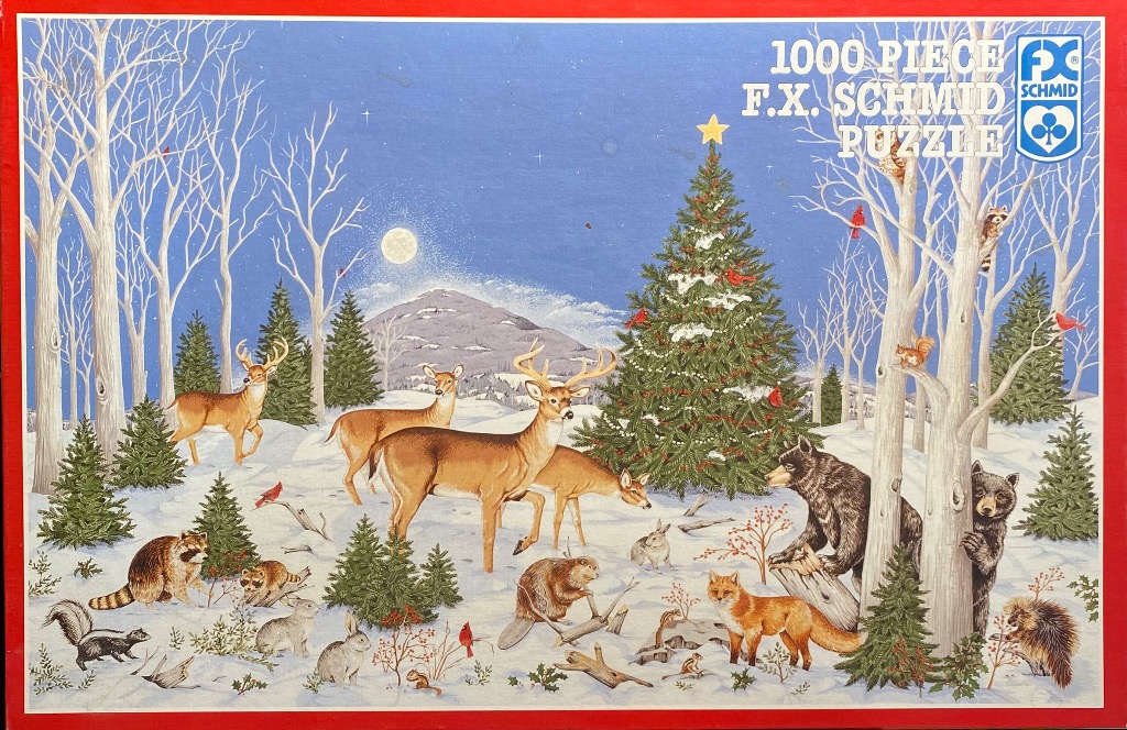 A winter woodland scene filled with various wildlife gathered around a decorated Christmas tree under a full moon.