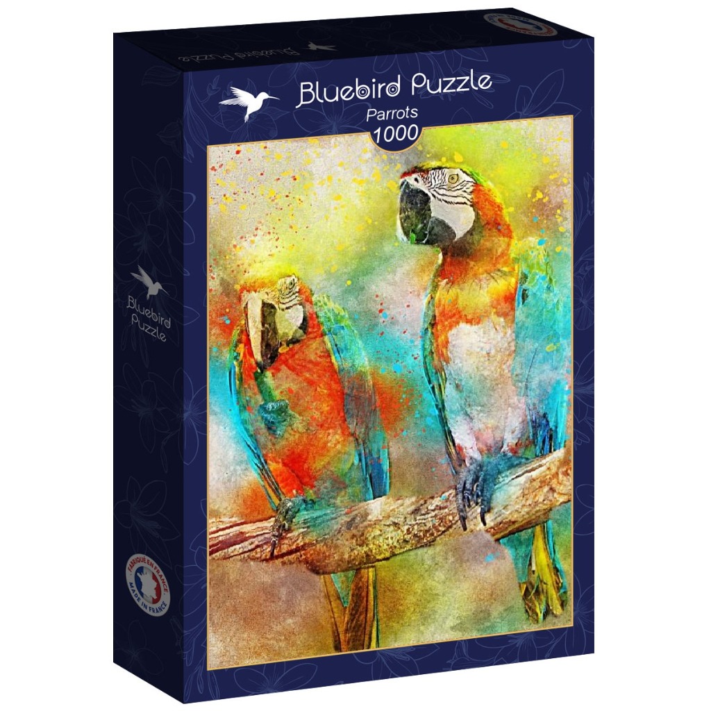 Watercolor illustration of two colorful macaws perched on a branch against an abstract, paint-splattered background.