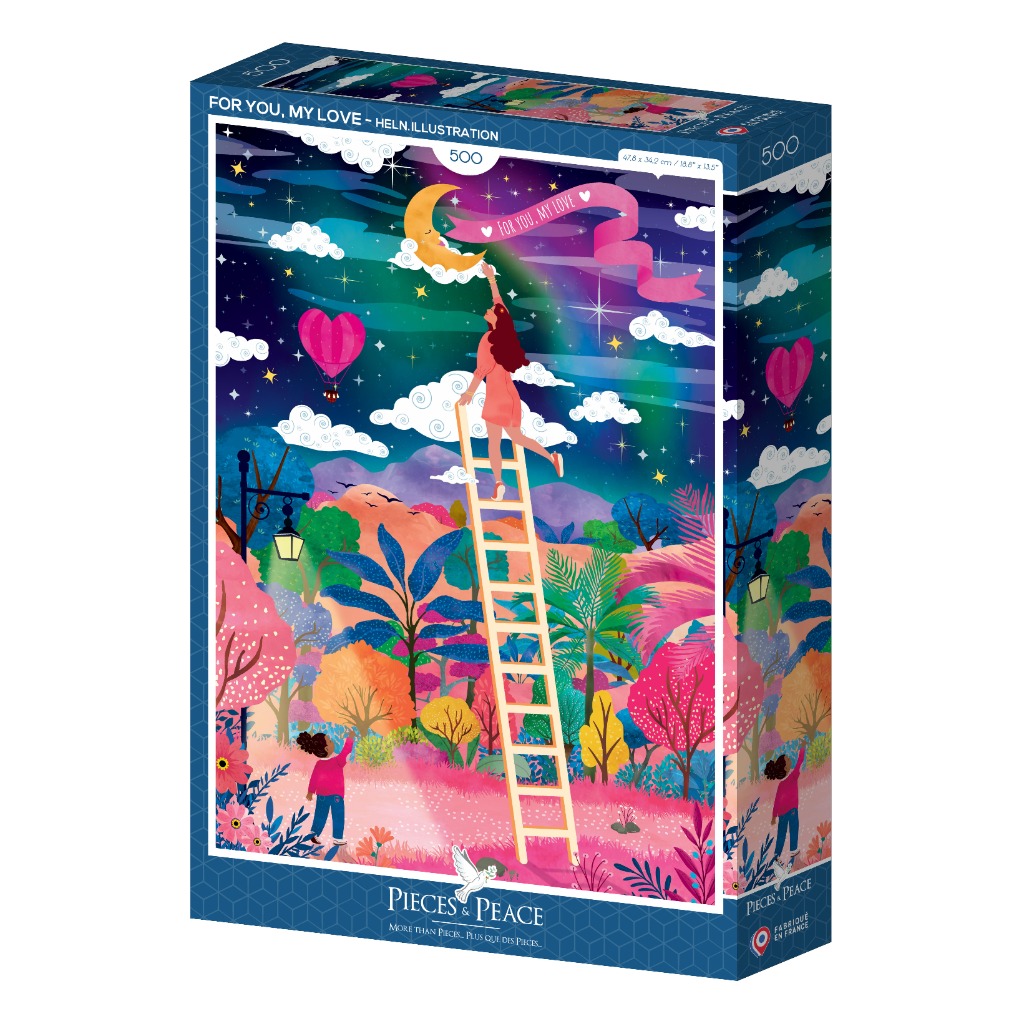 An illustration of a woman climbing a long ladder toward a crescent moon in a night sky above a vibrant, colorful forest.