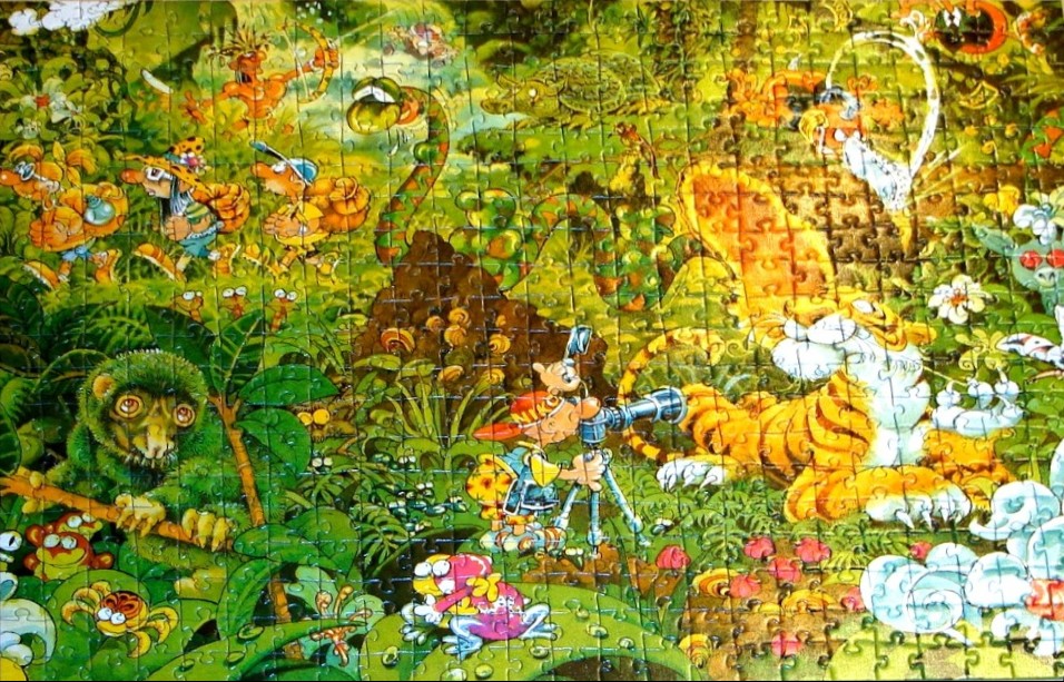 Cartoon illustration of jungle explorers encountering a tiger and various wildlife.