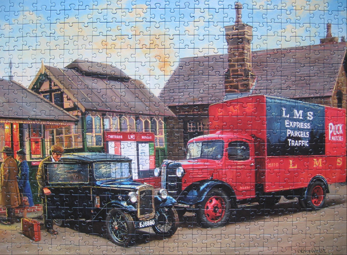 A nostalgic painting of a vintage red LMS delivery truck and a black car at a railway station.
