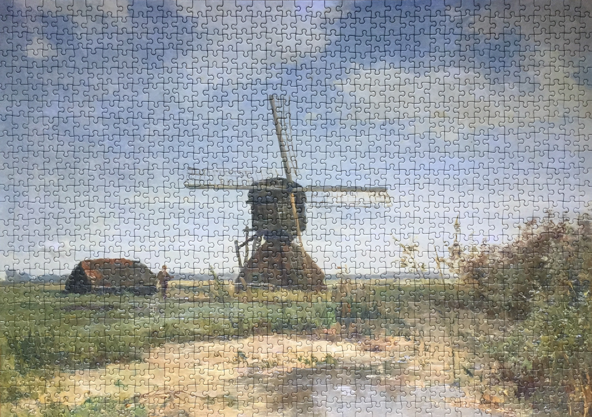 An oil painting of a Dutch windmill standing in a quiet, open field under a vast, cloud-filled sky.