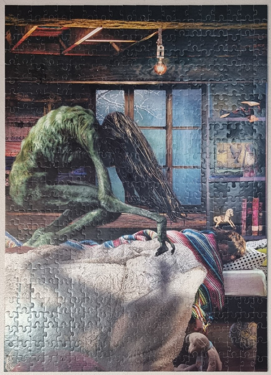 Scary green creature looms over sleeping child in rustic room, winter scene outside.