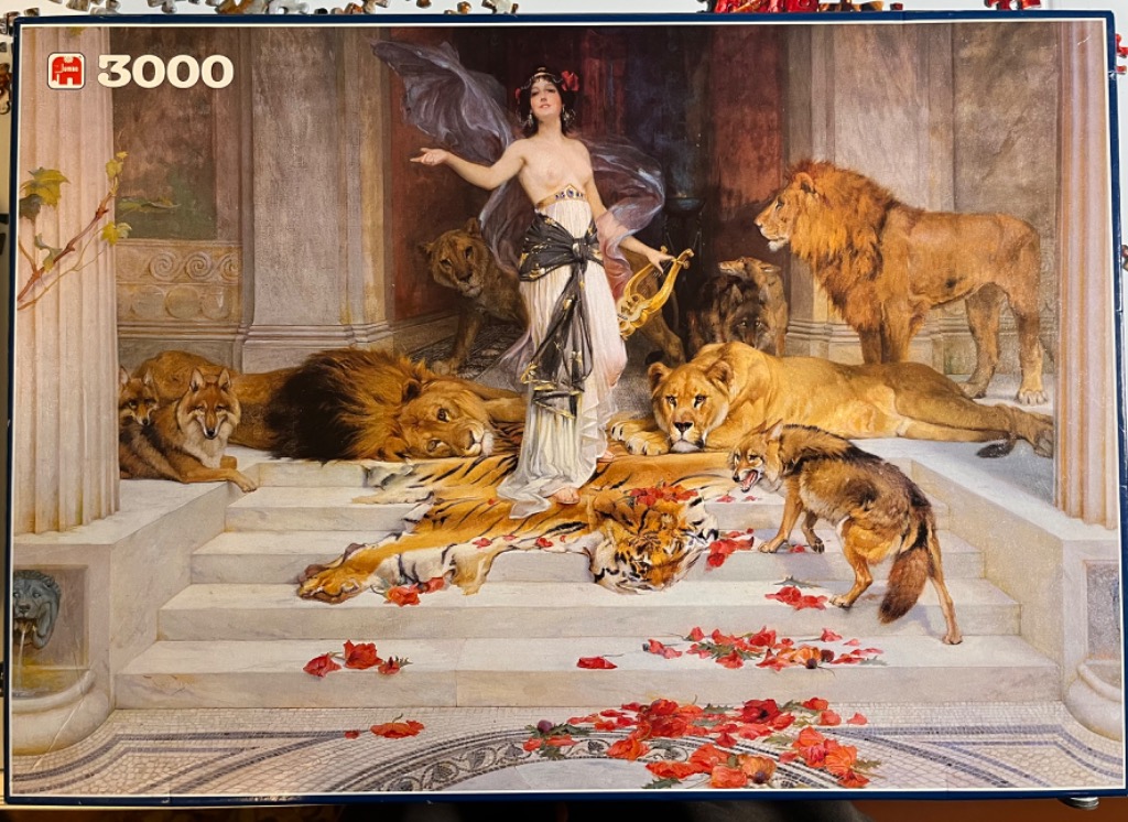 A classical oil painting of a woman standing among tame lions, tigers, and wolves on marble stairs scattered with red petals.