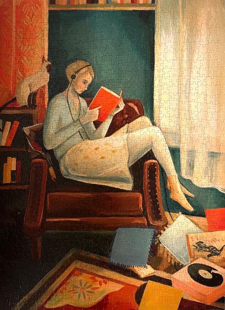 An illustrated woman in a vintage armchair reading a book while listening to music near a window.