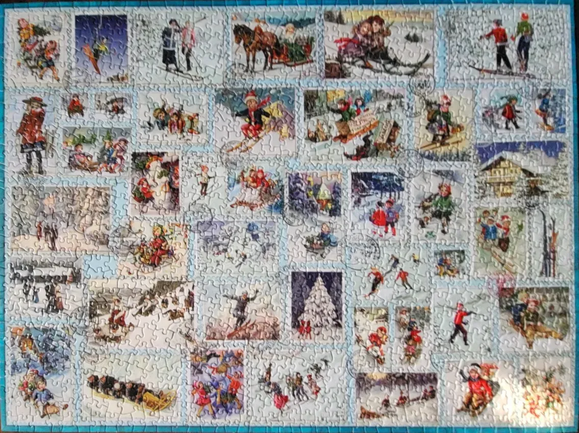 A collage of vintage-style winter and Christmas holiday illustrations featuring children playing in the snow.