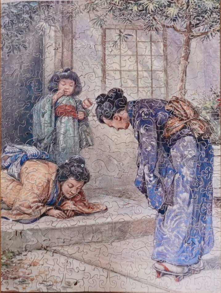 An illustration of two women in traditional Japanese clothing bowing to each other as a small child watches.