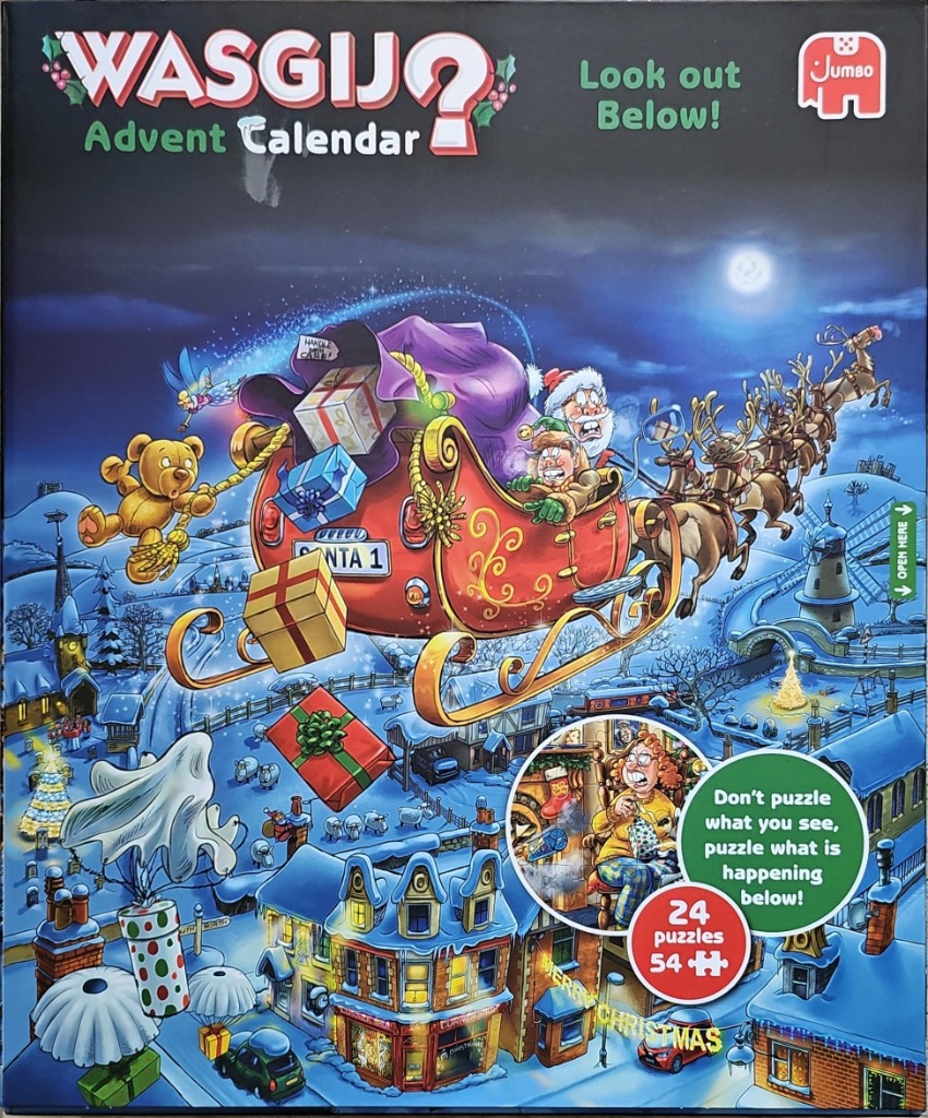 Cartoon illustration of Santa Claus flying his sleigh over a snowy village at night.