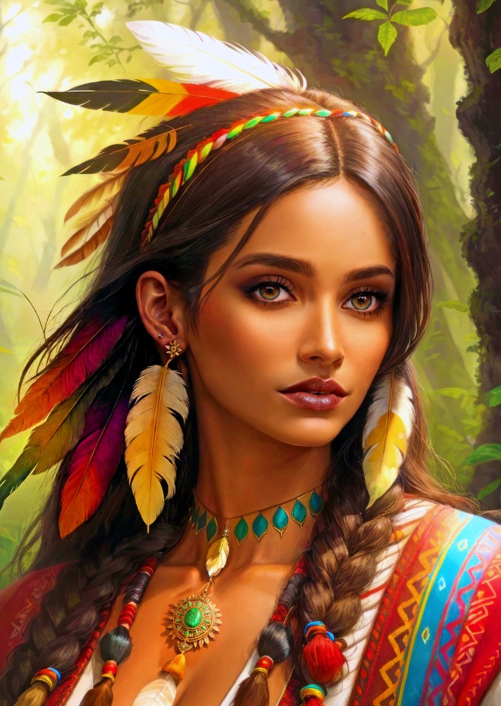 A close-up illustration of a young woman with long brown hair adorned with vibrant feathers and a beaded headband.