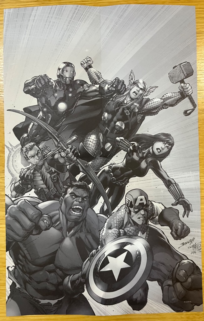 A black and white comic-style illustration of six superheroes charging forward together.