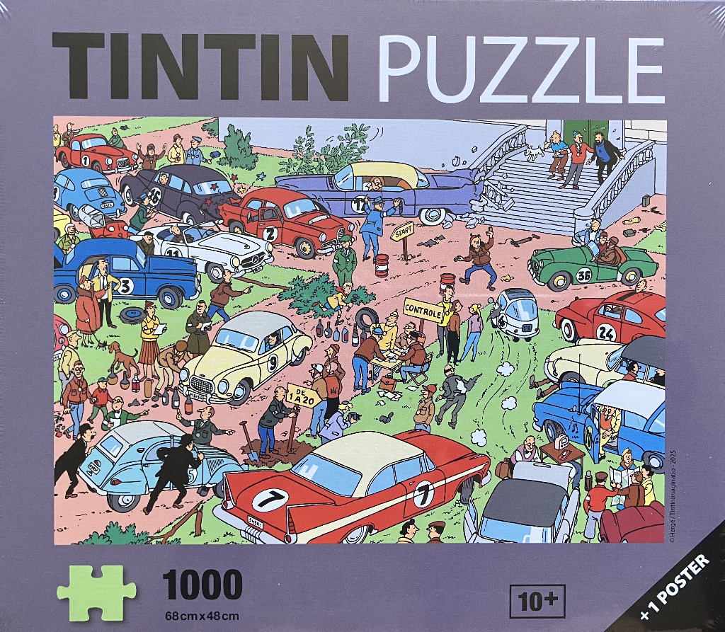 A bustling, illustrated cartoon scene of a chaotic car rally in the style of Tintin.