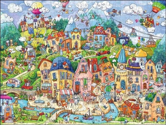 A vibrant, whimsical illustration of a busy, colourful European-style village set in a hilly landscape with flying objects.