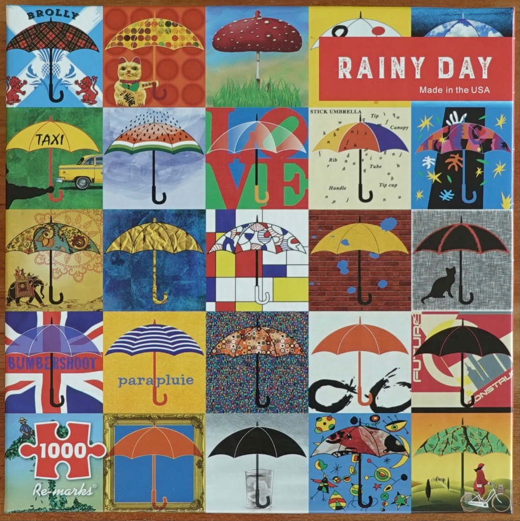 A collage of 25 different artistic squares, each featuring an umbrella as the central theme.