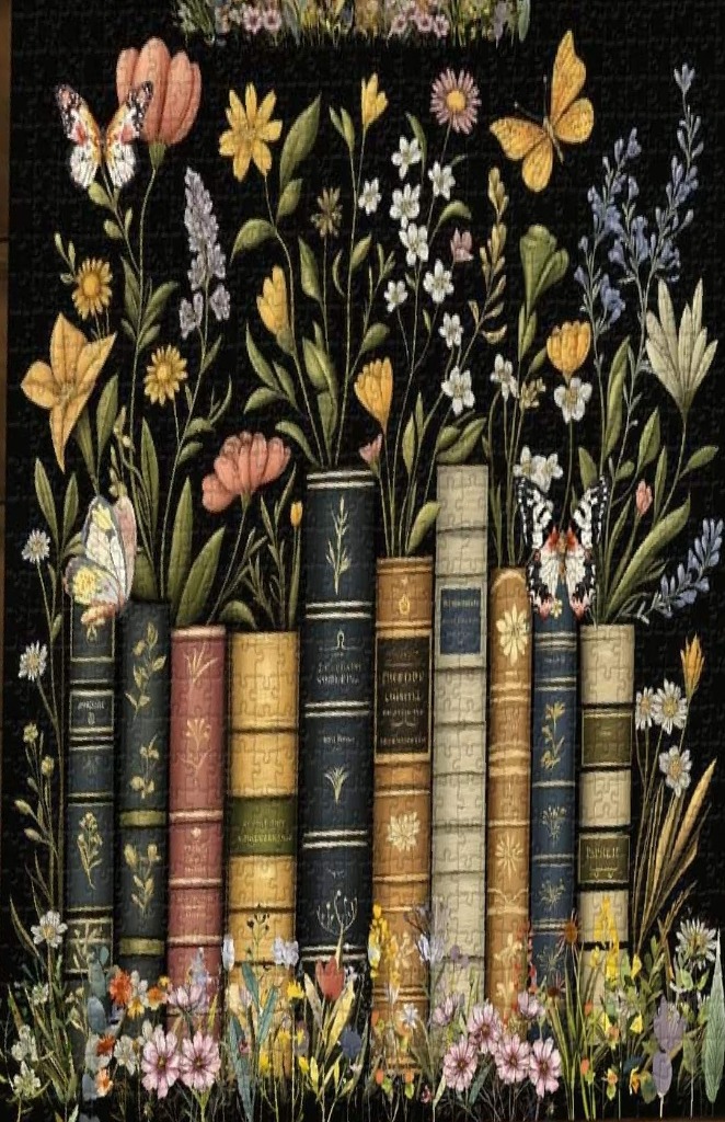 A row of antique books with colorful wildflower arrangements and butterflies against a black background.