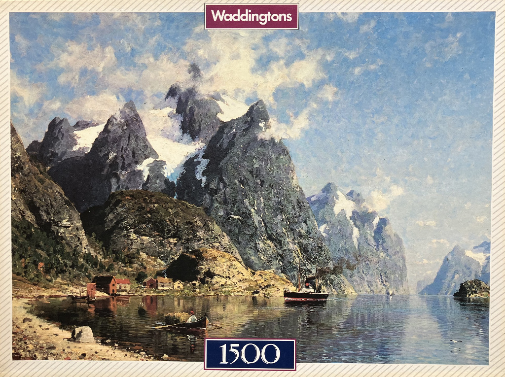 An oil painting of a Norwegian fjord with towering snow-capped mountains, a small village, and a steamship.