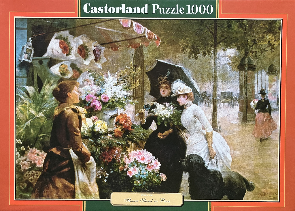 Impressionist oil painting of women at a Paris flower stall with a black poodle on a rainy street.