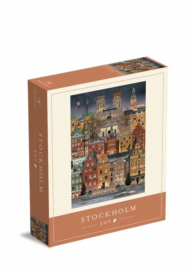 Illustrated nighttime view of Stockholm featuring colorful historic buildings and a harbor boat
