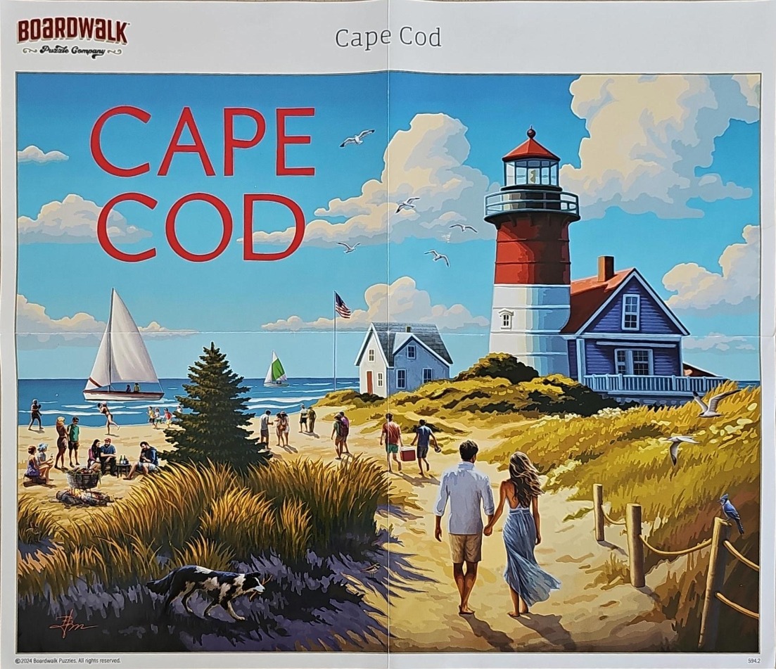 A summer scene at Cape Cod featuring a couple walking toward a lighthouse by the beach.