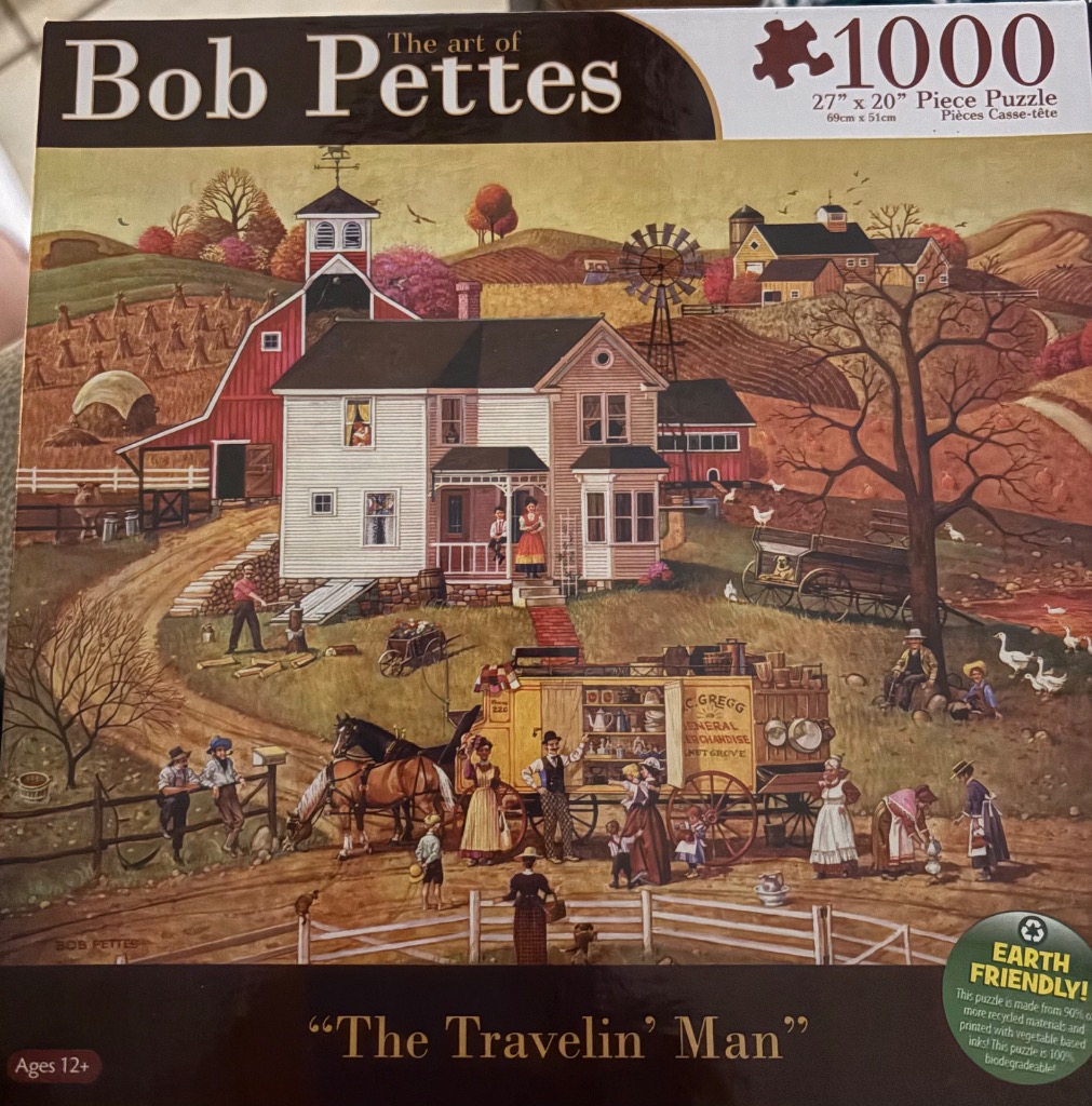 A nostalgic folk art scene of a rural farmhouse and a traveling merchant wagon with many figures.