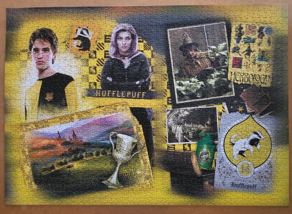 A collage of Hufflepuff-themed imagery featuring Cedric Diggory, Nymphadora Tonks, a cup, a badger crest, and plants.