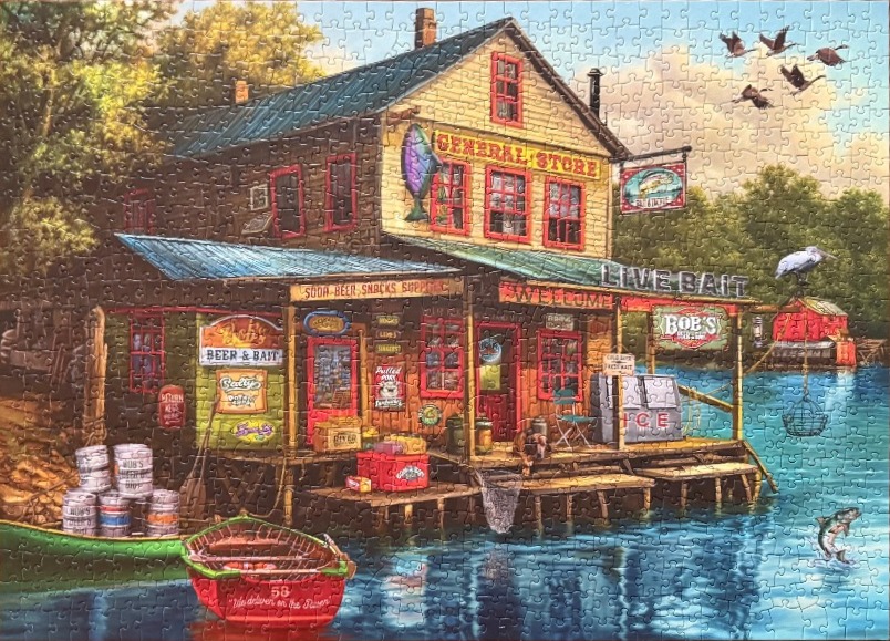 An illustrated, rustic general store and bait shop sitting on wooden stilts over a calm lake.