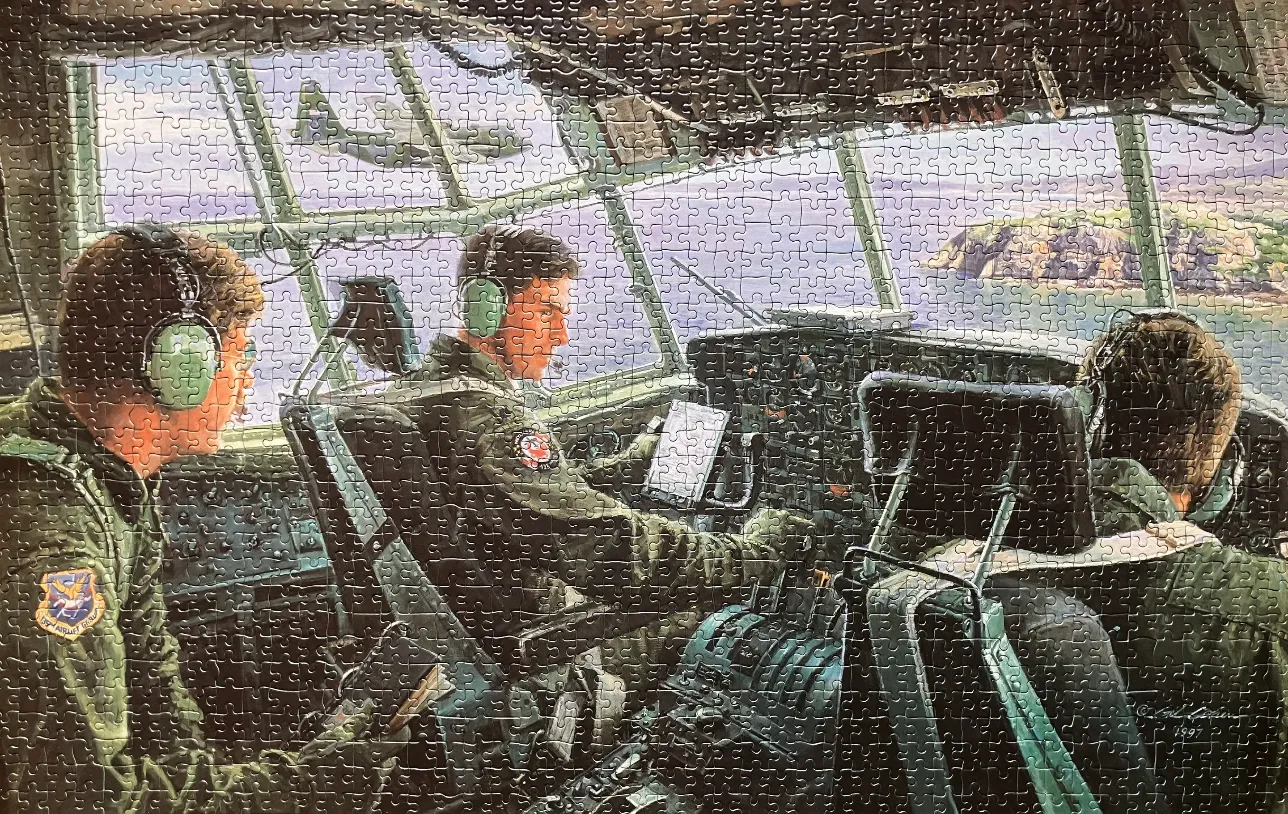 Illustration of three pilots in the cockpit of a C-130 aircraft overlooking a coastline.