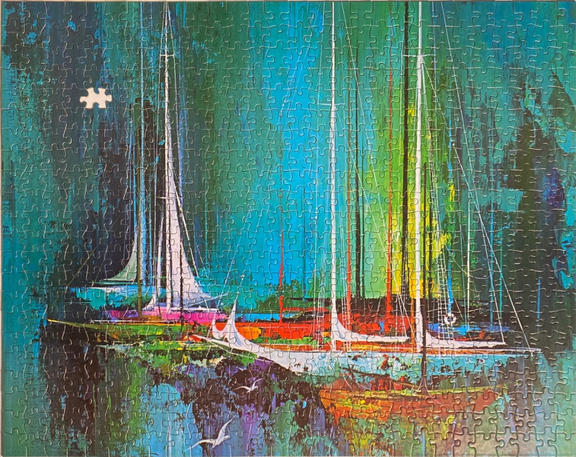 Abstract impressionist oil painting of sailboats docked in a harbor with vibrant teals, greens, and warm accent colours.