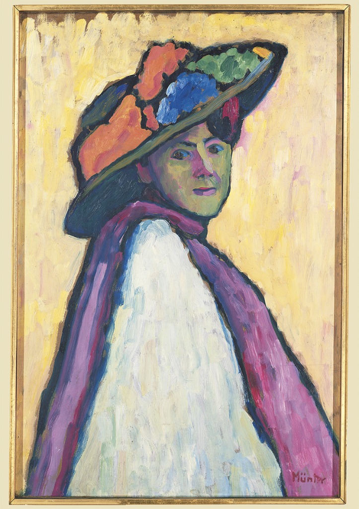 Expressionist portrait of a woman wearing a broad hat with colorful accents and a long purple scarf.