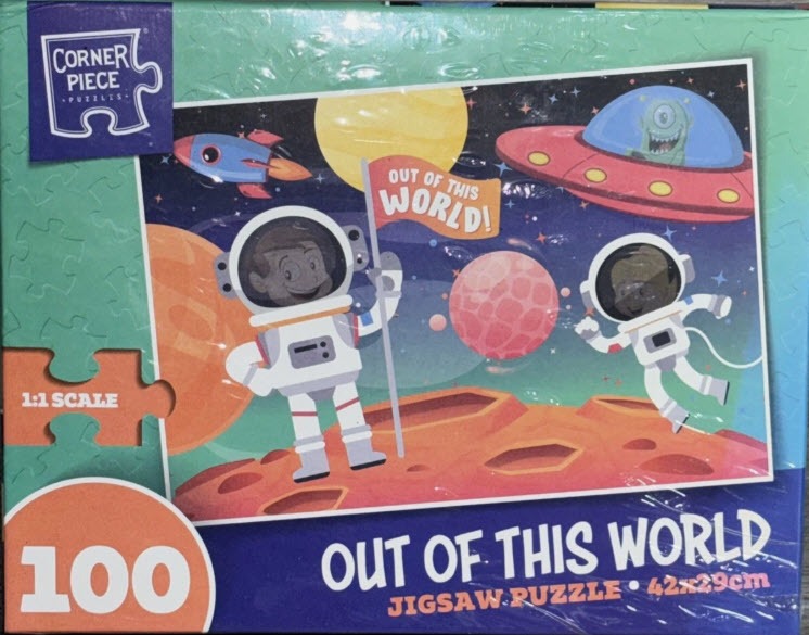 Cartoon illustration of two astronauts on a red planet with a UFO, rocket, and planets in deep space.