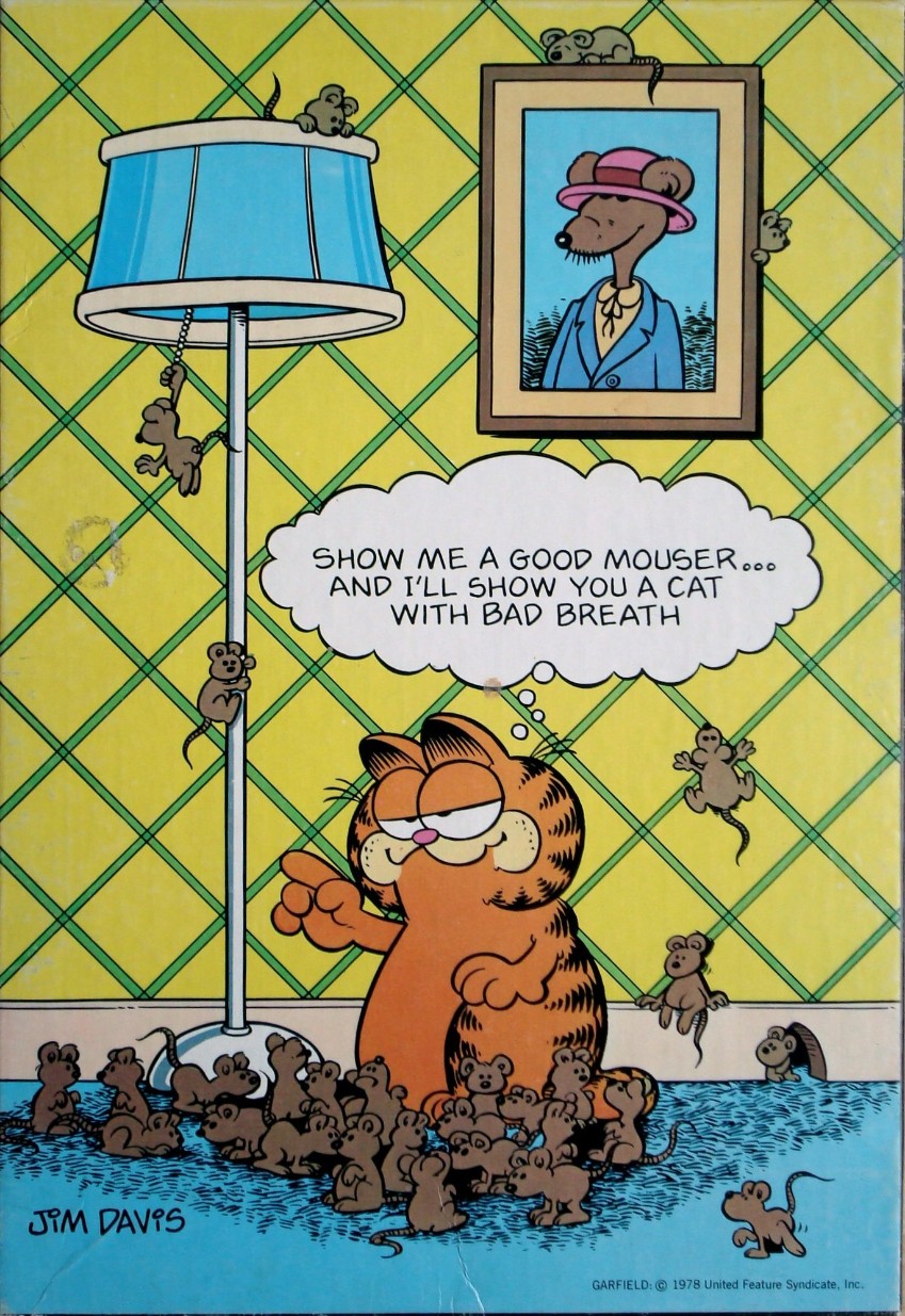 Garfield looking at a large group of mice in a room with a speech bubble that reads, SHOW ME A GOOD MOUSER...