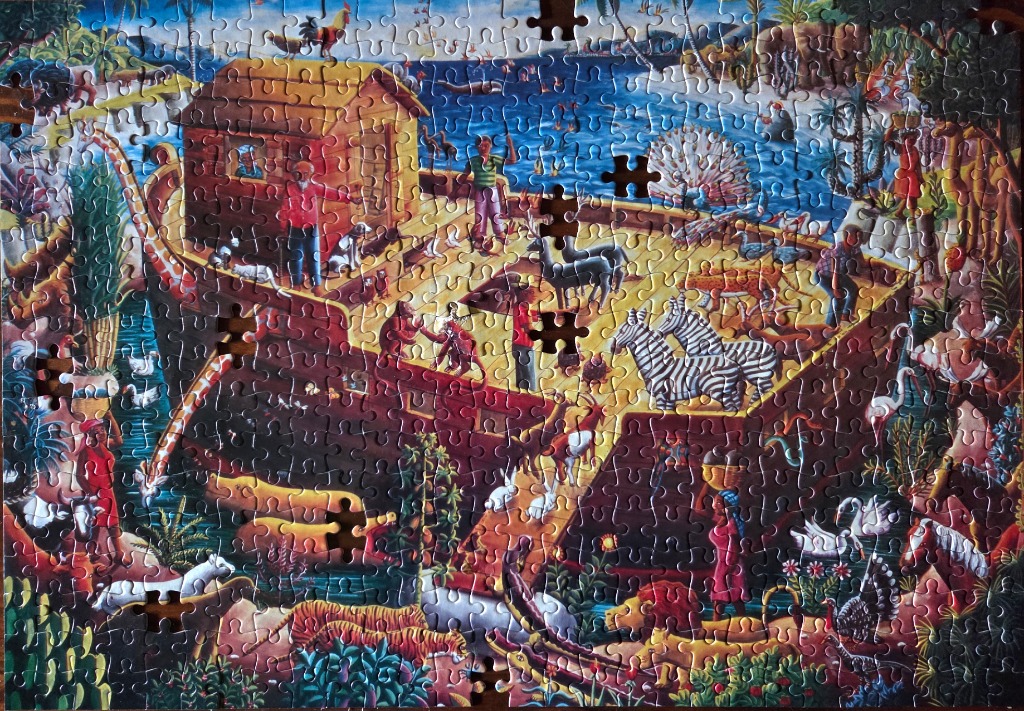 A folk art style illustration of Noah's Ark crowded with animals and people