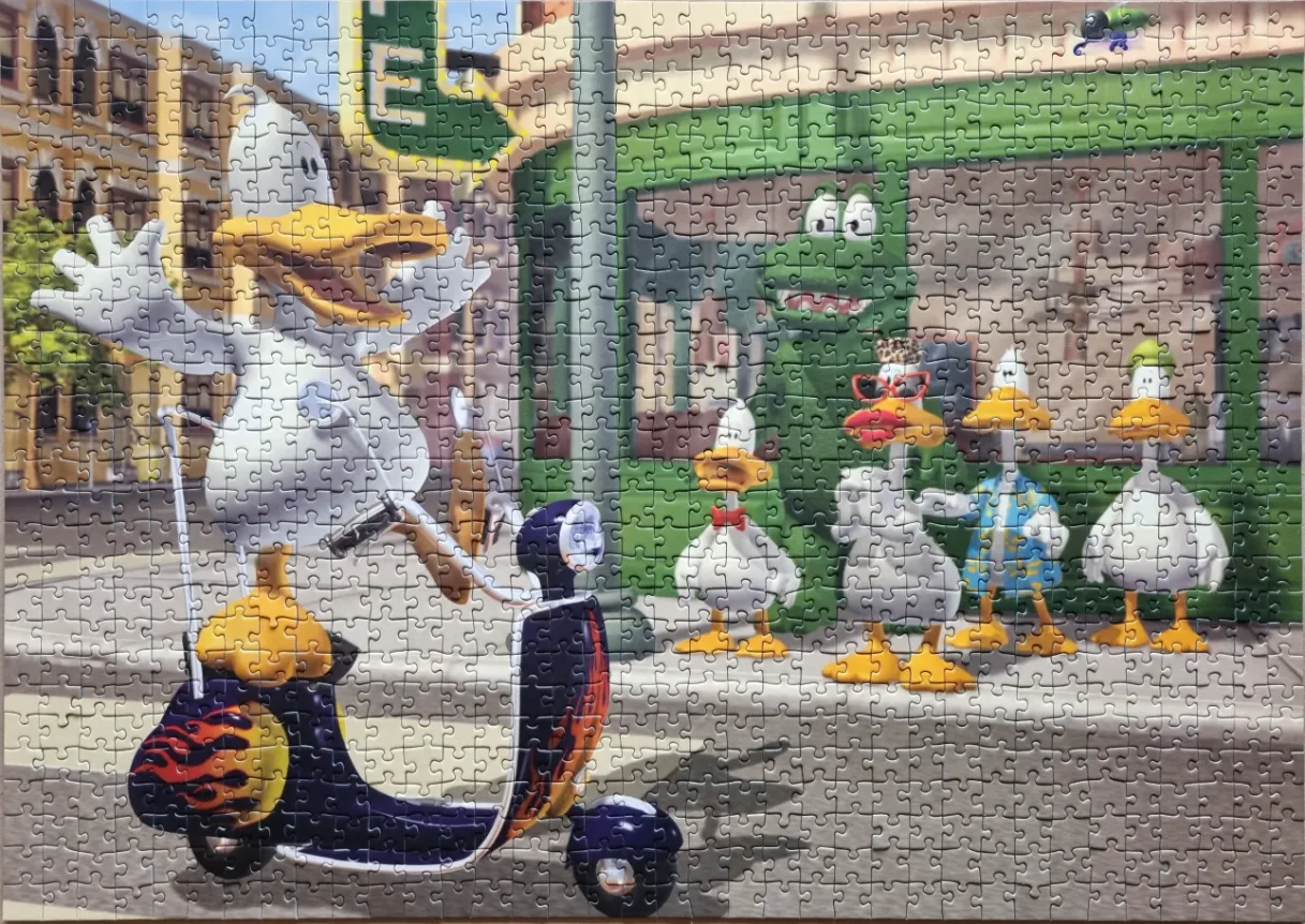 A cartoon duck riding a flame-patterned scooter past a group of ducks and a green lizard-like creature in a city.