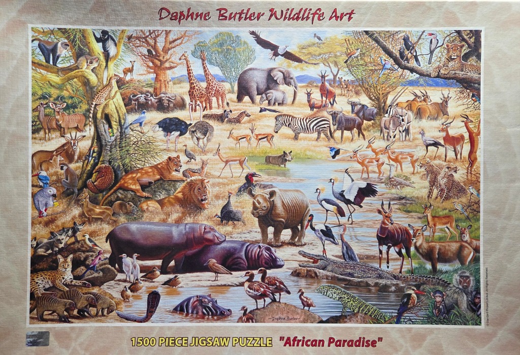 A dense illustration of many African animals including elephants, giraffes, lions, and rhinos gathering near a waterhole.