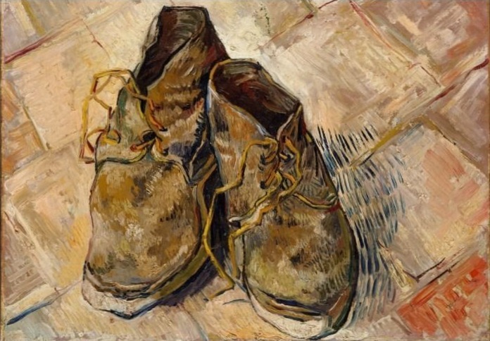 An oil painting of a pair of well-worn, muddy brown leather work boots resting on a tiled floor.