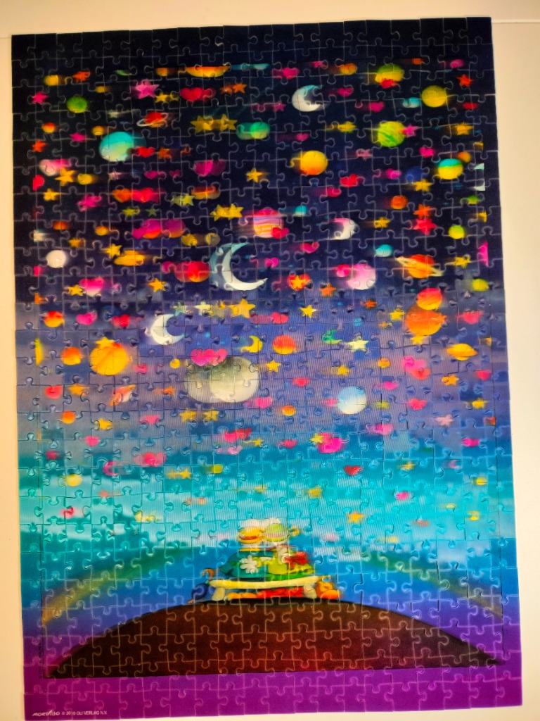 A whimsical illustration of two figures sitting on a hill gazing at a night sky filled with colorful celestial bodies.