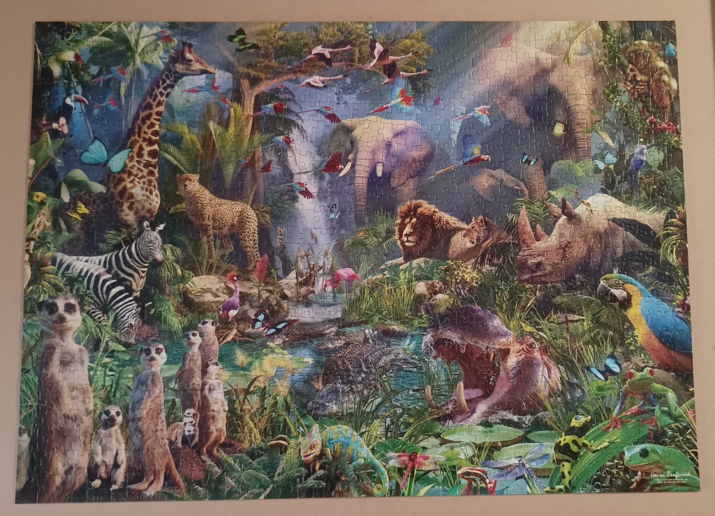 A lush jungle scene filled with diverse wildlife, including a giraffe, elephants, lions, and exotic birds.
