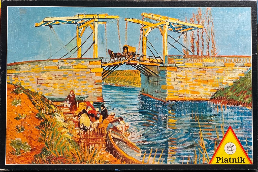Oil painting of the Langlois Bridge in Arles with washerwomen by the canal.