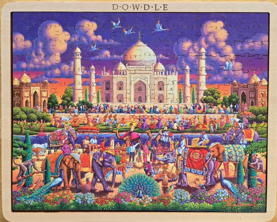 A vibrant folk-art illustration of the Taj Mahal surrounded by elephants, people, and wildlife in a colorful garden.