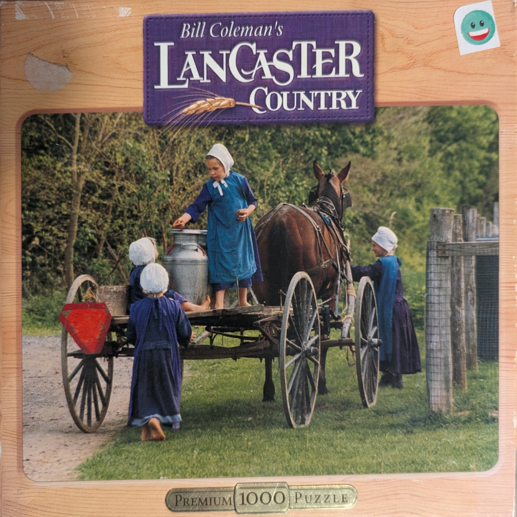 A horse-drawn wagon with children in traditional Amish clothing standing near a rural dirt path and wooden fence.