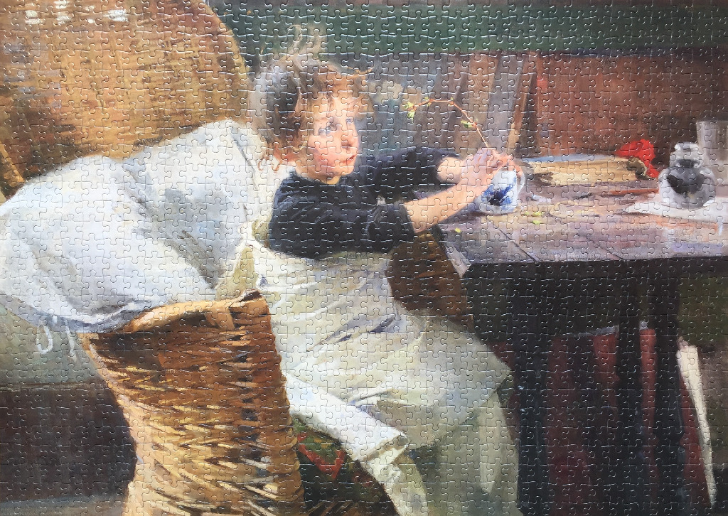 An oil painting of a young child sitting at a wooden table in a wicker chair, holding a sprig of greenery.