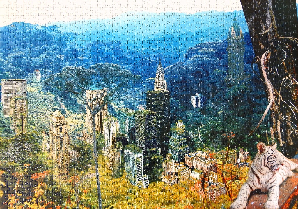 A surreal image of New York City skyscrapers reclaimed by dense jungle forest, with a white tiger resting in the foreground.