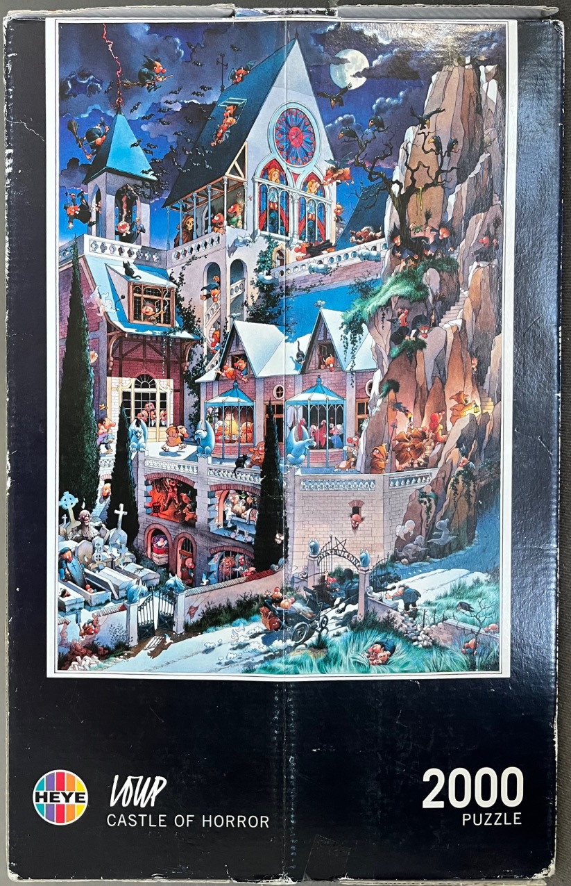Cartoon illustration of a gothic castle at night filled with goblins, ghosts, and spooky creatures.