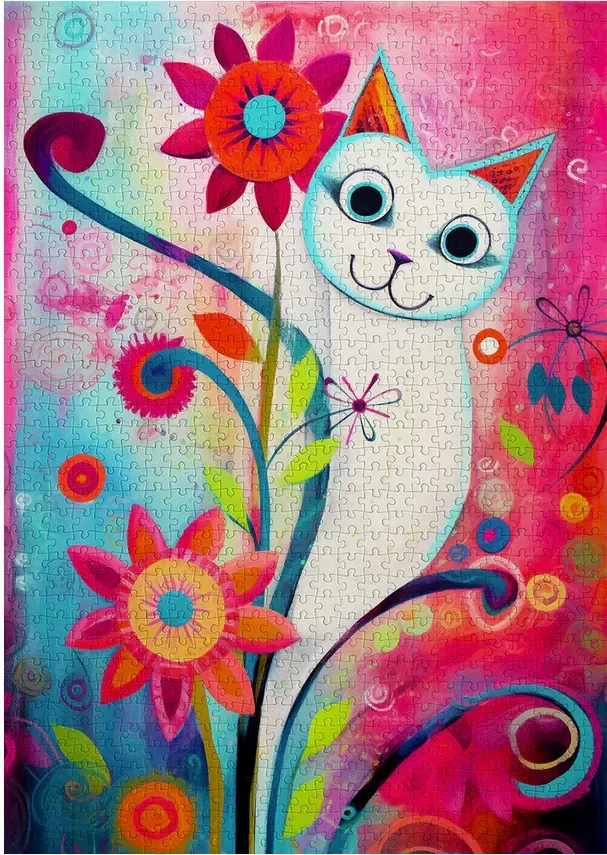 Whimsical illustration of a white cat amongst bright pink, orange, and blue flowers against a gradient background.