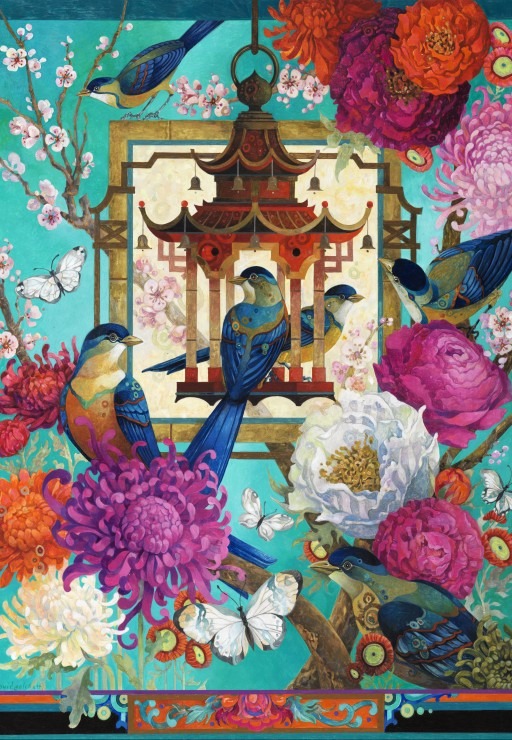 An ornate birdcage surrounded by vibrant chrysanthemums, cherry blossoms, and blue-and-gold songbirds.