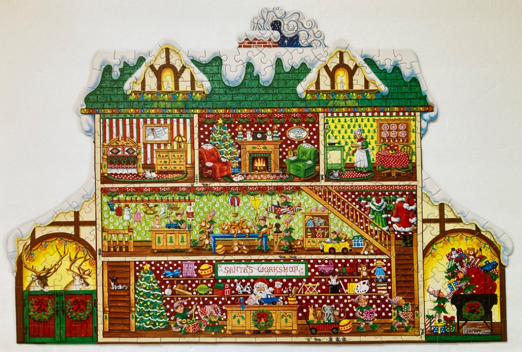A shaped illustration of a multi-story Santa