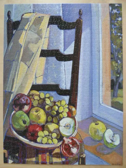 A bowl of fruit sitting on a ladder-back chair near a bright window in a post-impressionist style painting.